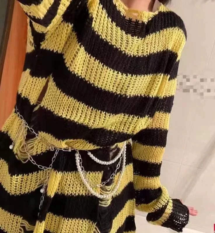New Goth Punk Gothic Sweater Oversized Pullovers Women Striped Cool Hollow Out Hole Broken Jumper Harajuku Aesthetics Sweater