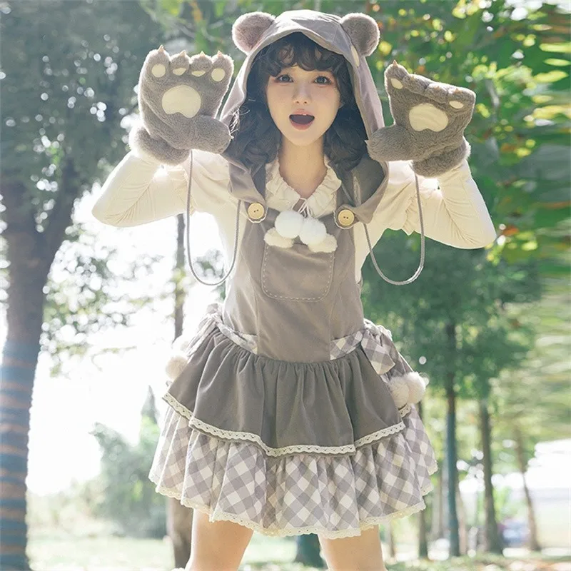 Lovely Grizzly Bear Lolita Dress Set Autumn Winter Plush Strap Dress Red Bow Tie Warm Bear Paw Gloves Leggings