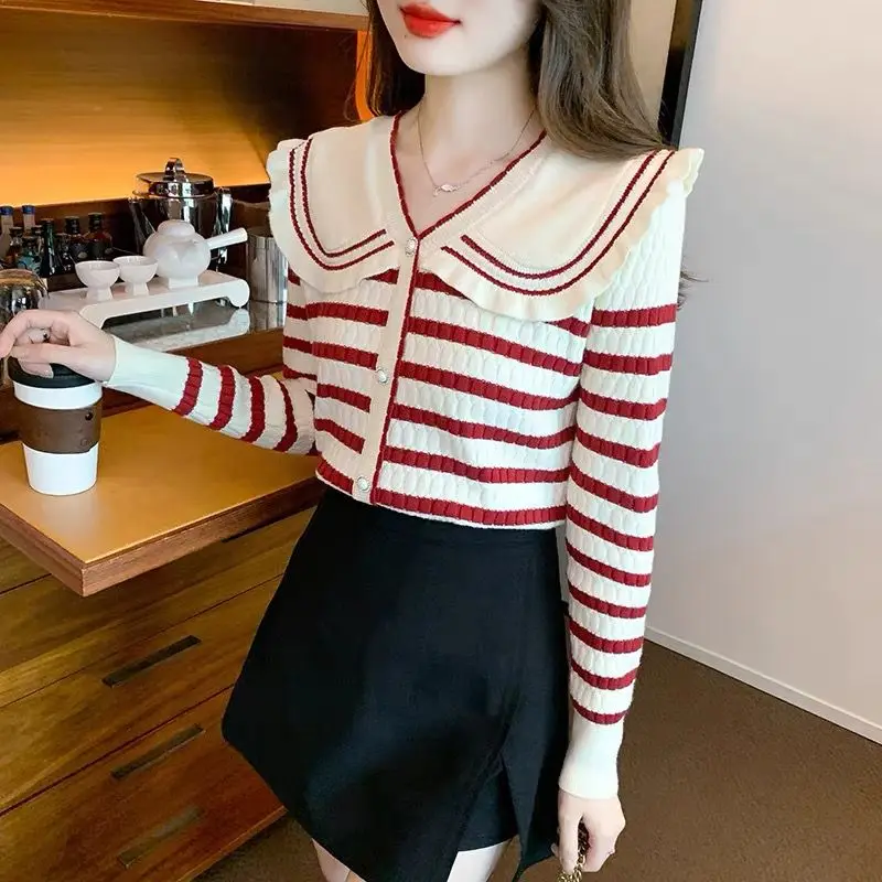 Sweet Peter Pan Collar Button Folds Striped Sweaters Women's Clothing 2023 Winter Loose Knitted Korean Pullovers Commuter Tops