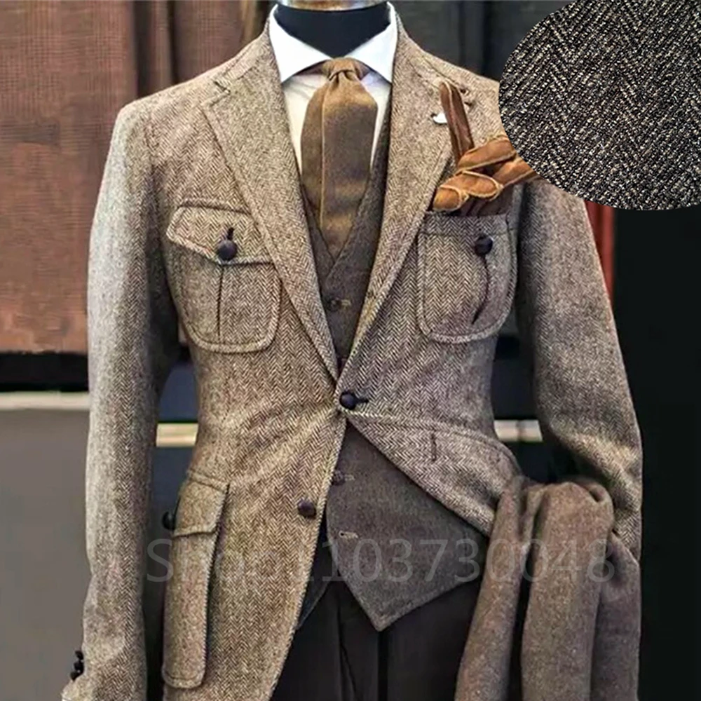 XS-6XL Men\'s Suit Brown Herringbone Blazer Tuxedos Only Coat Wool Tweed Single Breasted Formal Bussiness/Wedding Prom Jacket