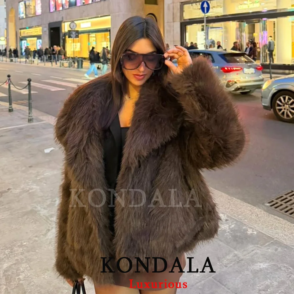 KONDALA カジュアルブラウン厚手の毛皮ジャケット女性長袖 V ネック秋冬フェイクファーコートファッション 2025 ストリートウェアアウター