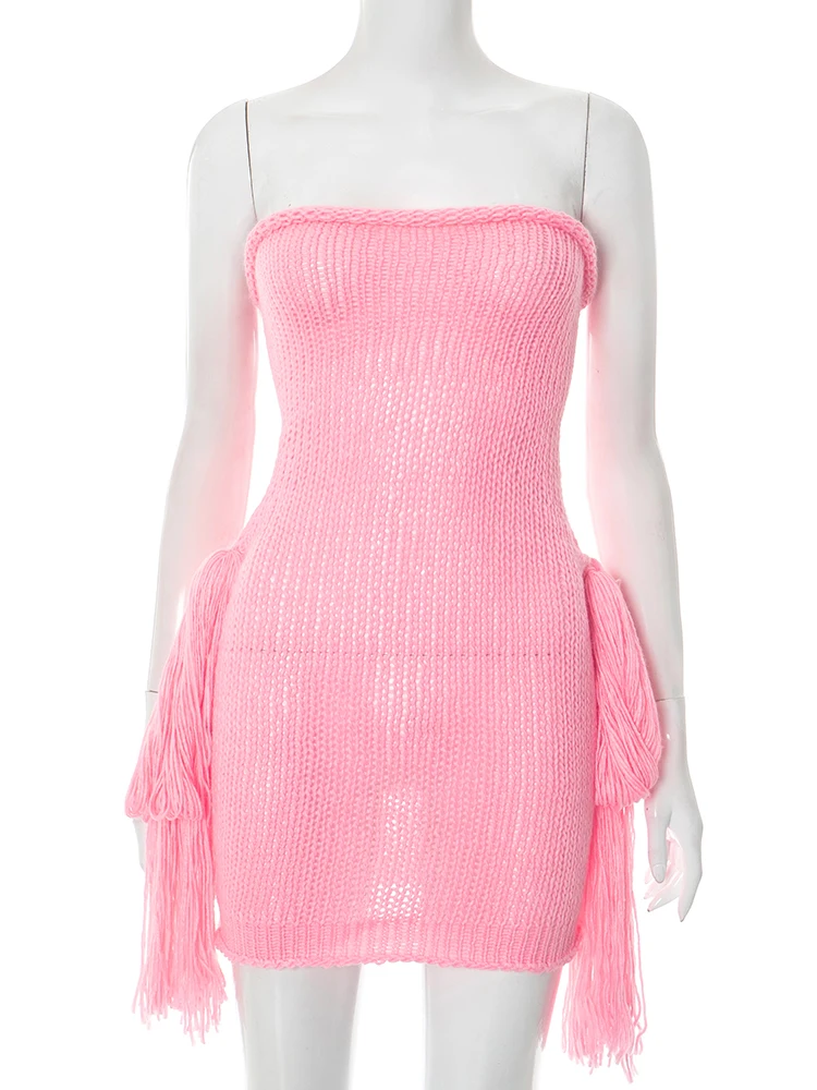 크로셰 스트랩리스 드레스 여성 섹시 오프숄더 백리스 태슬 스키니 피치힙 핫티 미드나잇 파티 미니 바디콘