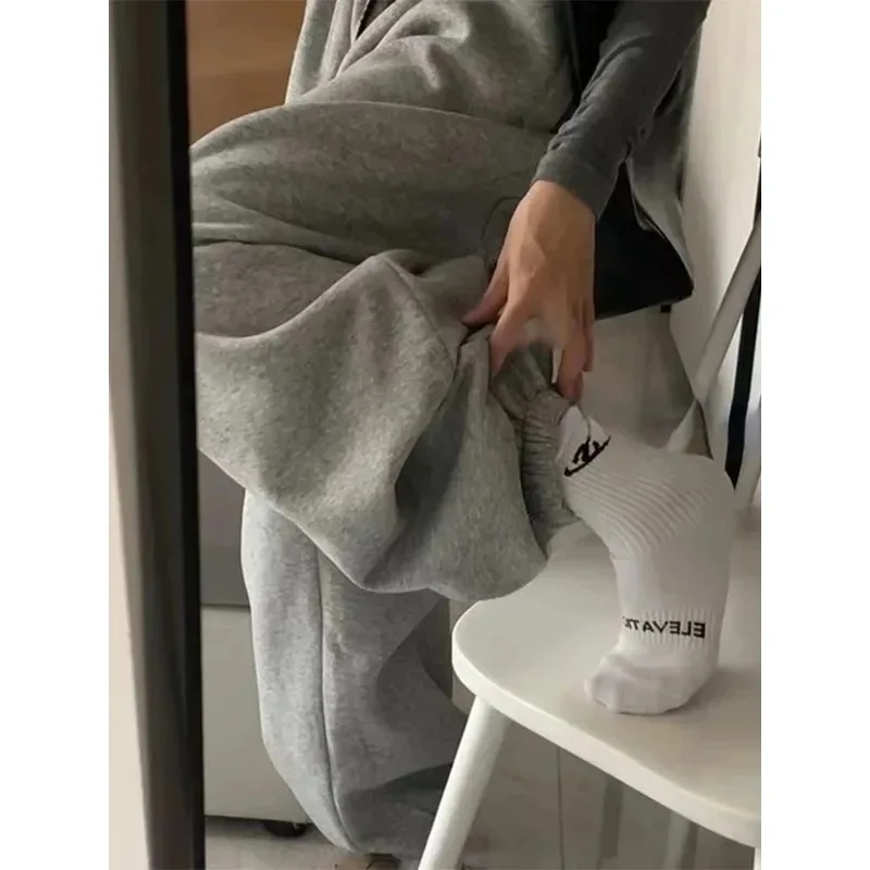 Women Gray Sweatpant 2024 Y2K Oversize Loose Thicken Plush Warm Sport Pants Casual Elastic Waist Pockets Wide Leg Trousers