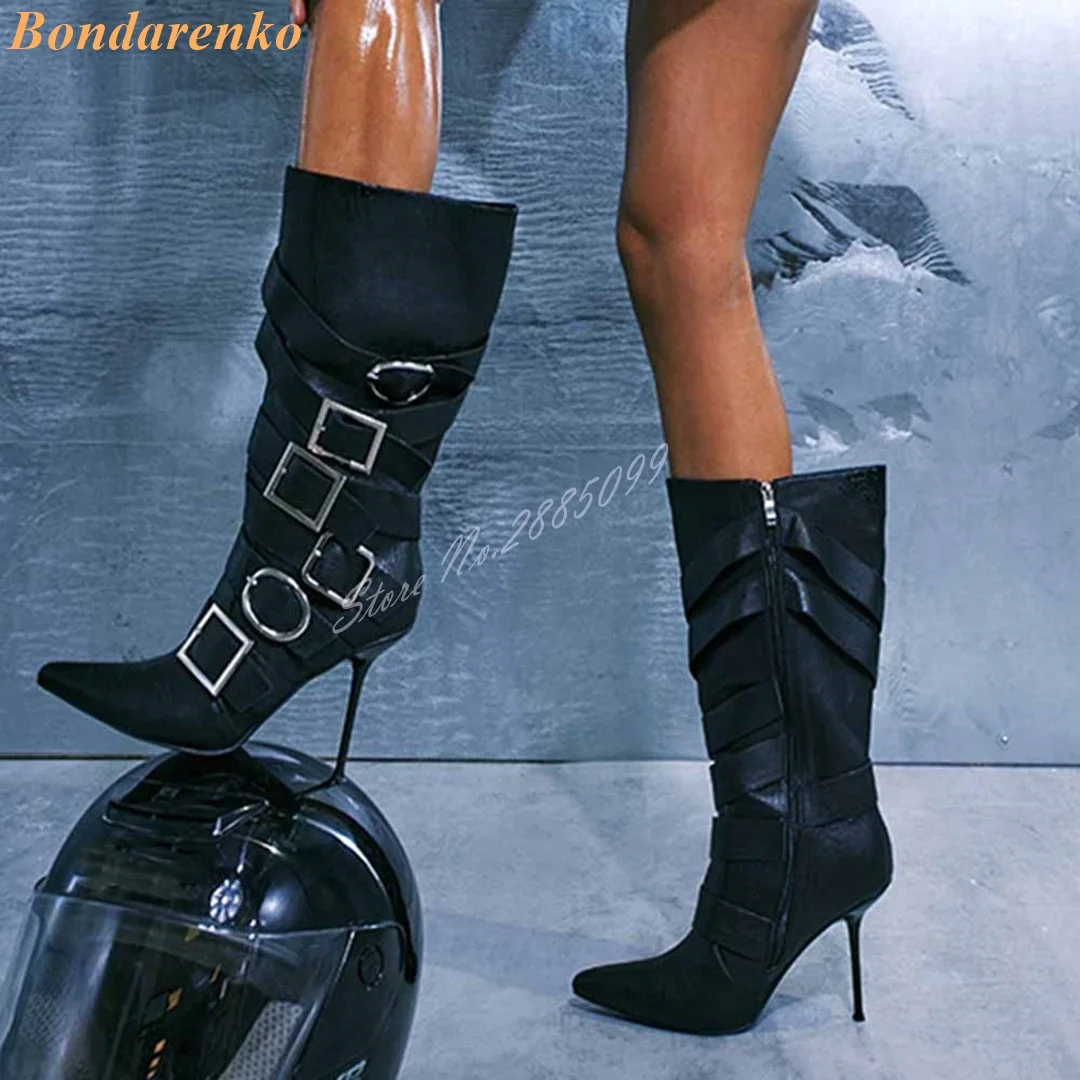 

Metal Stiletto Heel Boots Mid Calf Pointy Toe Solid Buckles Strappy Side Zipper Boots Women New Style Shoes Autumn Party Luxury