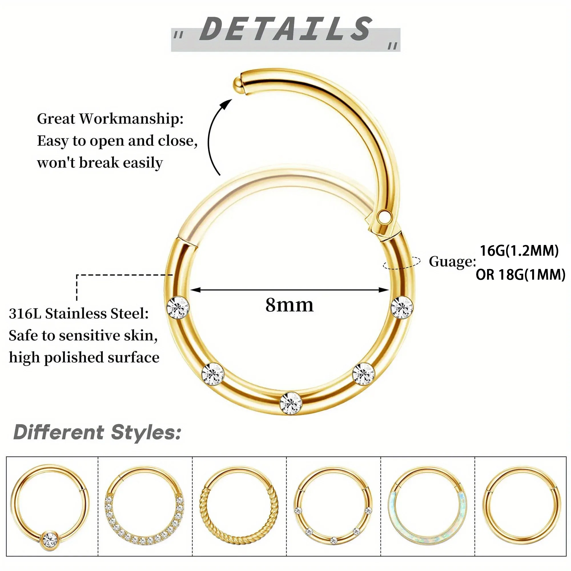 Drperfect 1pc Surgical Steel Nose Hoop Ring for Women Man Septum Ring Clicker Conch Helix Cartilage Earrings Piercing jewelry