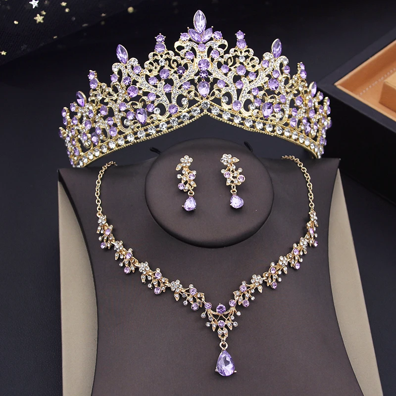 

Bridal Headwear Set Crown Necklace Earrings Purple Tiaras Suitable for Women's Wedding Dress Birthday Bride Jewelry Set