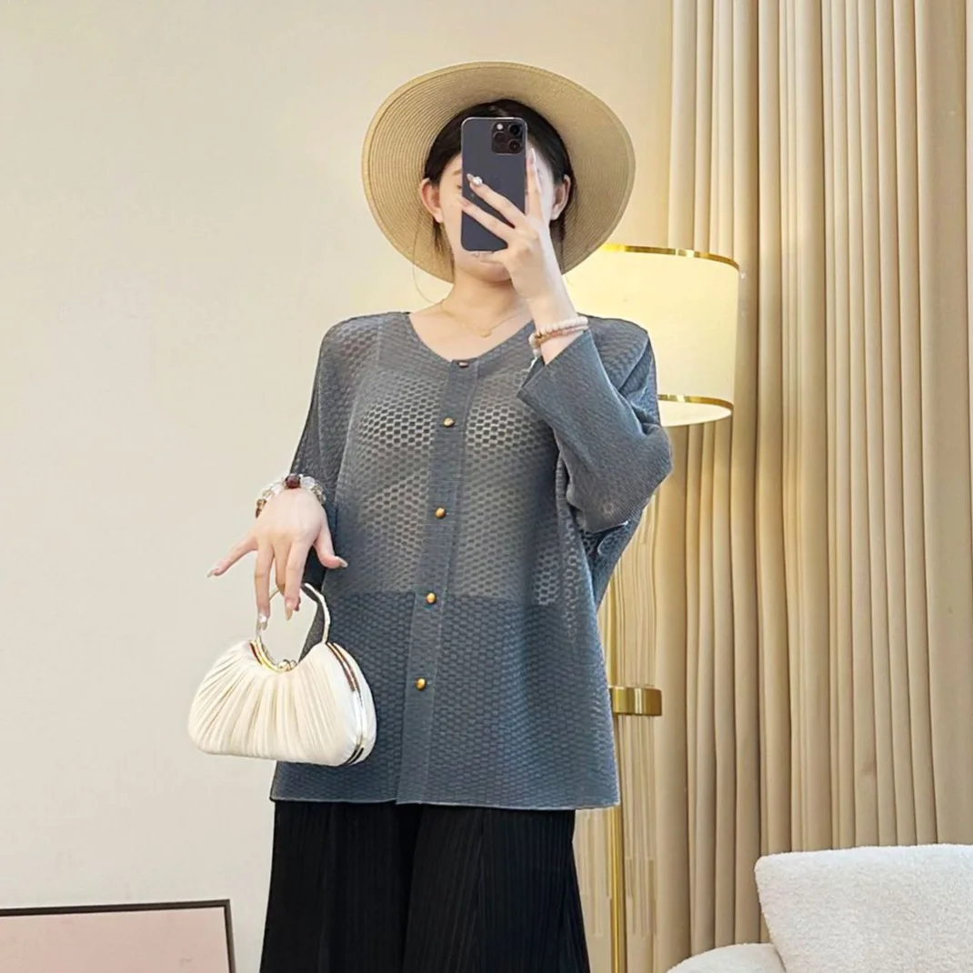 Miyake Plooien 2026 Premium Skeleton Jas Dames Ontwerp Honderd Licht Klein Shirt Eenvoudig Effen Kleur Casual Vest Tops