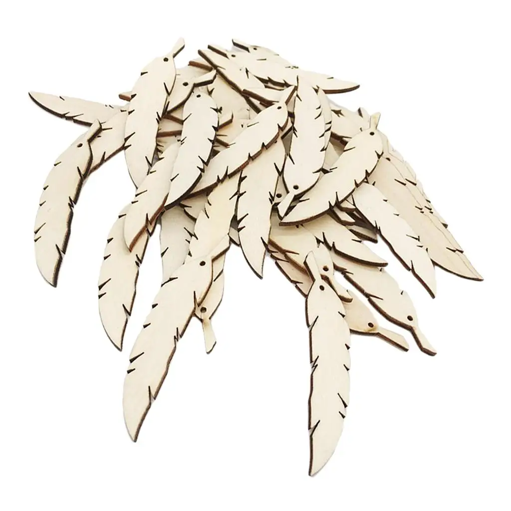 50pcs Unfinished Wood Feathers Rustic Natural Embellishments for Decoration