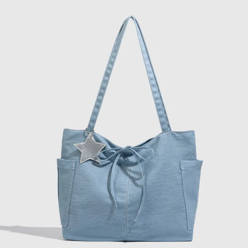 2026Korean-style denim star canvas bag, large capacity, college style, versatile for commuting, shoulder tote bag, handbag