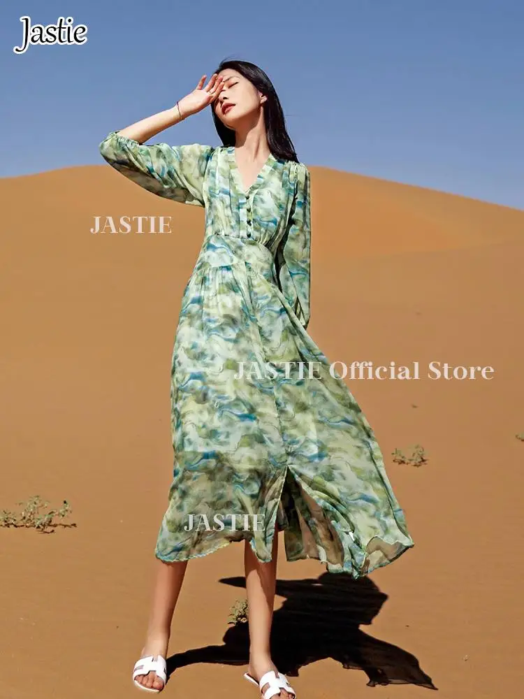 Jastie Summer Loose A Line Short Sleeve Womens Dresses Retro Green Floral Female Dress Seaside Holiday Dresses For Women 2023