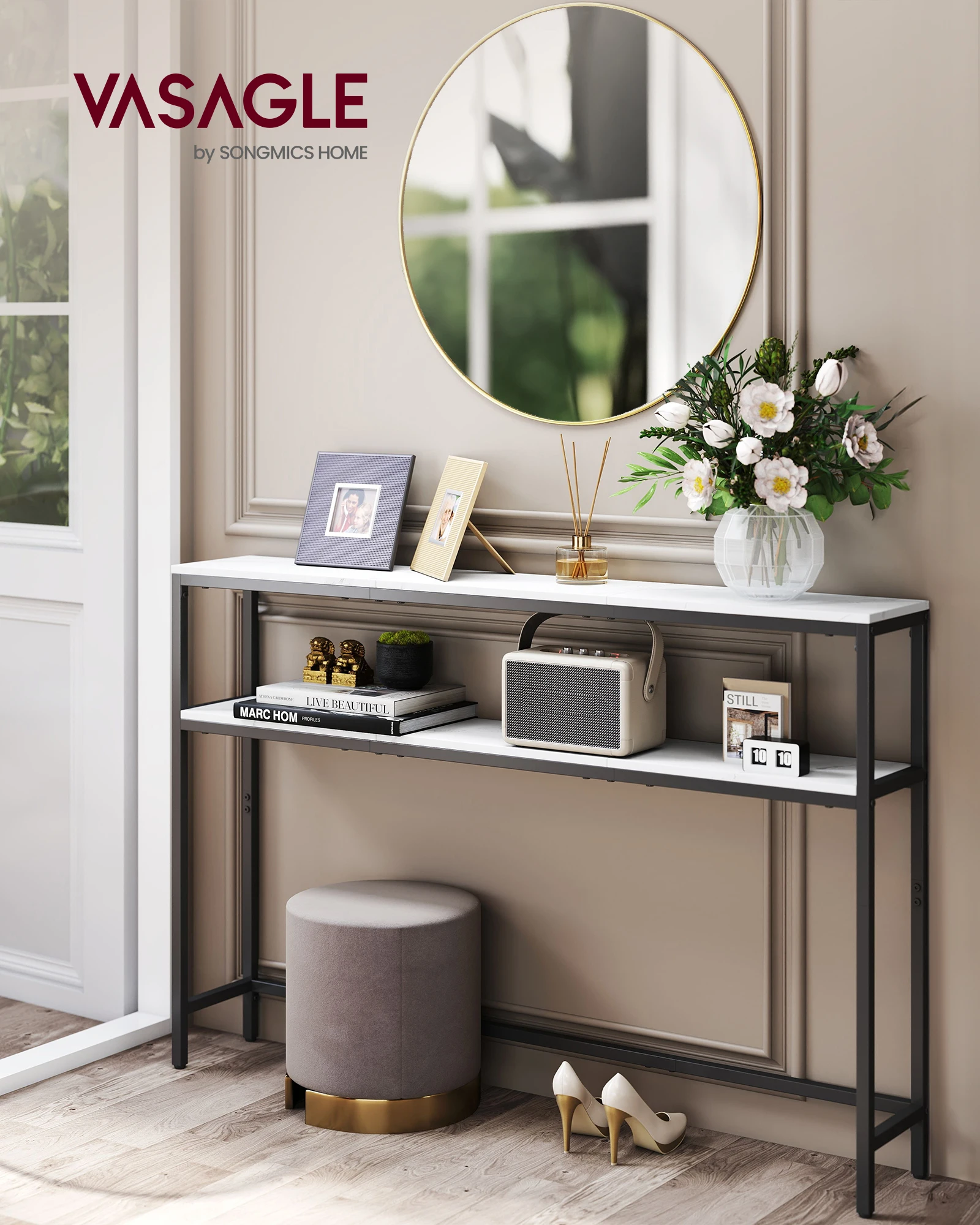 VASAGLE Consoletafel, smalle salontafel met 2 planken, 20x100x80 cm, haltafel met laadstation, voor woonkamer