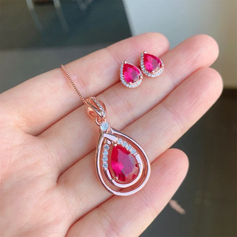 

Red Water Droplet Crystal Pendant Necklace Earrings Jewelry Set Crown For Women High Quality Cubic Zircon Rose Gold Chain Gift