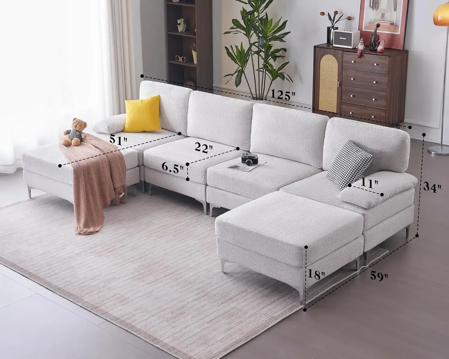 Modular Sectional Couches with Ottomans- 6 Seater, U Shaped Sofa for Living Room, Oversized Couch in Beige Chenille