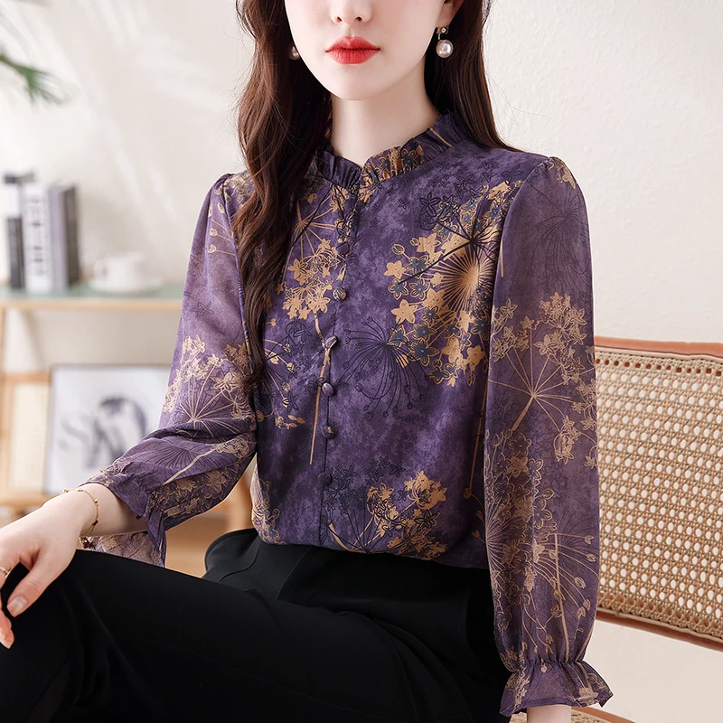 Spring Summer Floral Printed Tops New Retro Pullovers Blouse Ruffle Collar Button Casual Shirt