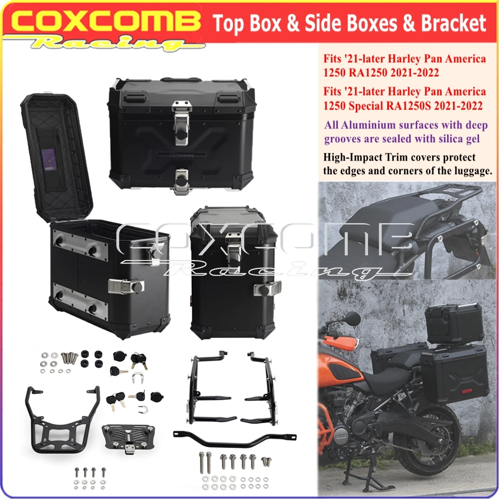 

Aluminum Motorcycle Top Box Side Case Luggage W/ Mounting Bracket Kit For Harley Pan America 1250 RA1250 Special RA1250S 2021-24