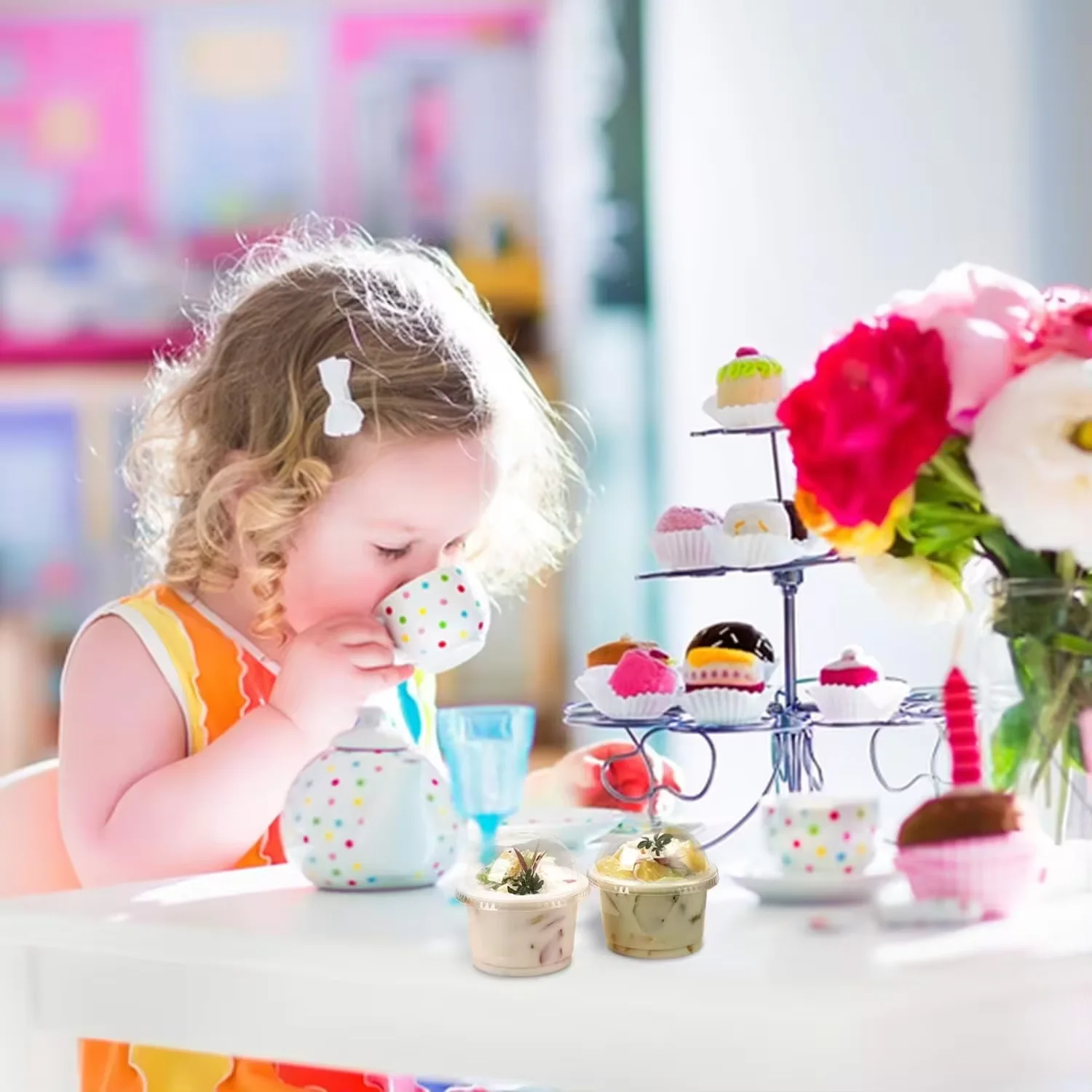 50/100 قطعة 250 مللي كوب سلطة للاستعمال مرة واحدة أكواب حلوى بلاستيكية شفافة حاوية الأطباق مع قبة/أغطية مسطحة لكب كيك الآيس كريم #5