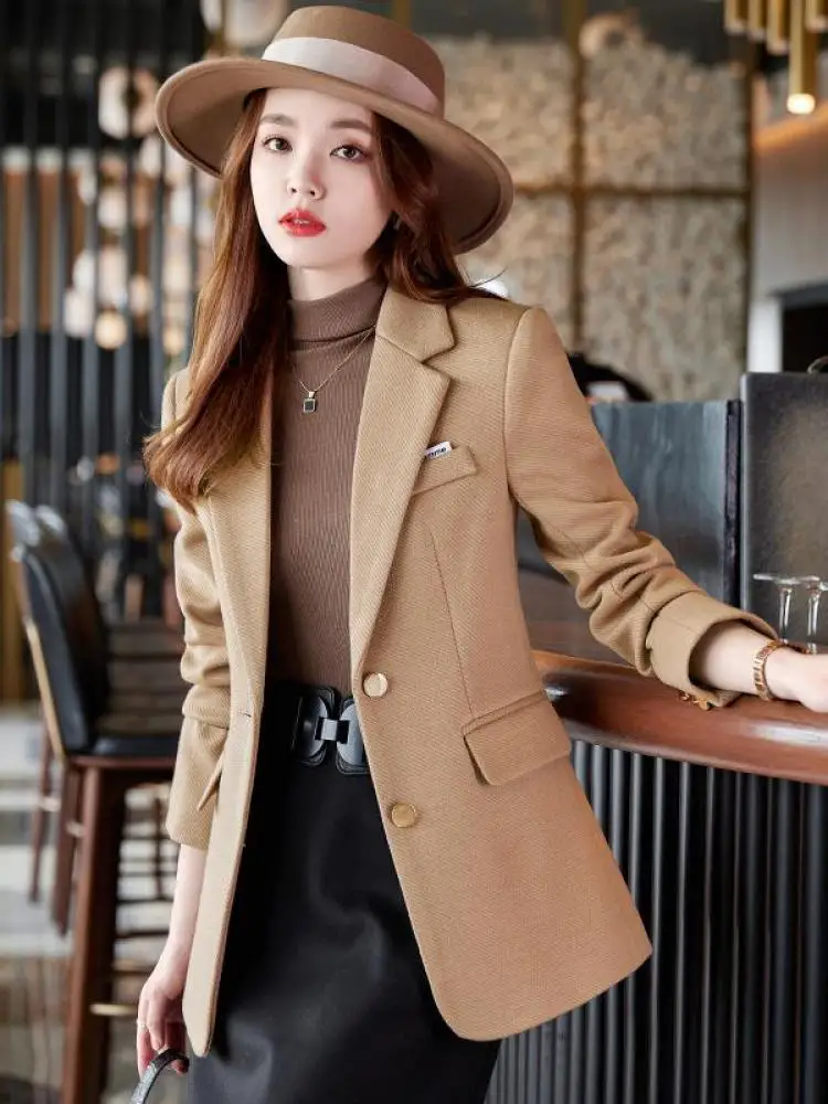 Woman Fashion Casual Vintage Solid Color Chic Elegant Classic Single Breasted Temperament Simple Woolen Blazer Tops Coat Korean