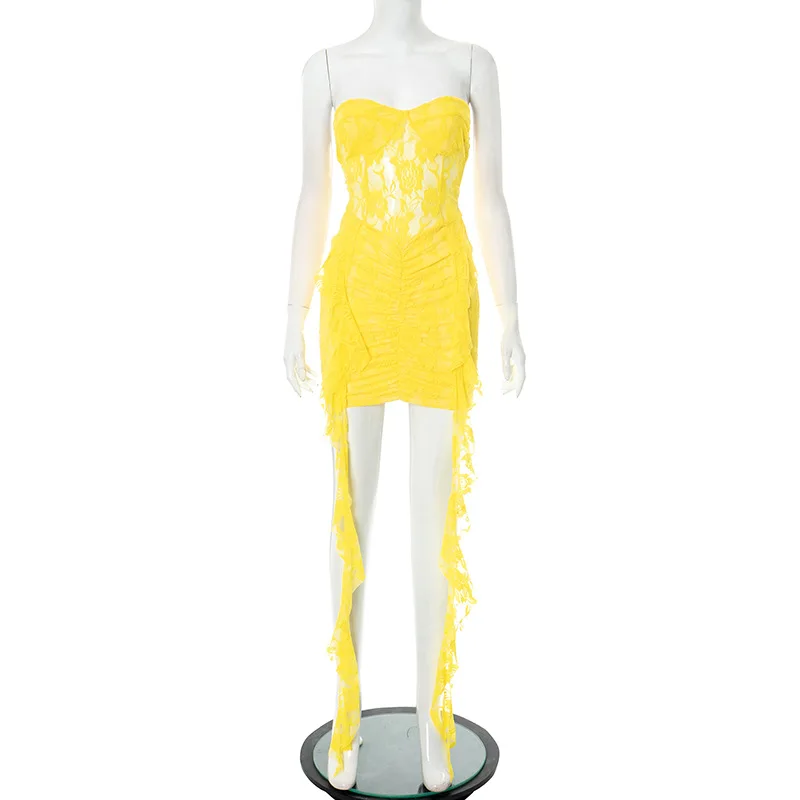 Sukienka dla kobiet koronkowa wzburzona seksowna Mini sukienka damska lato Off-shoulder Backless bez rękawów drapowana Ruched klub plażowy długie sukienki