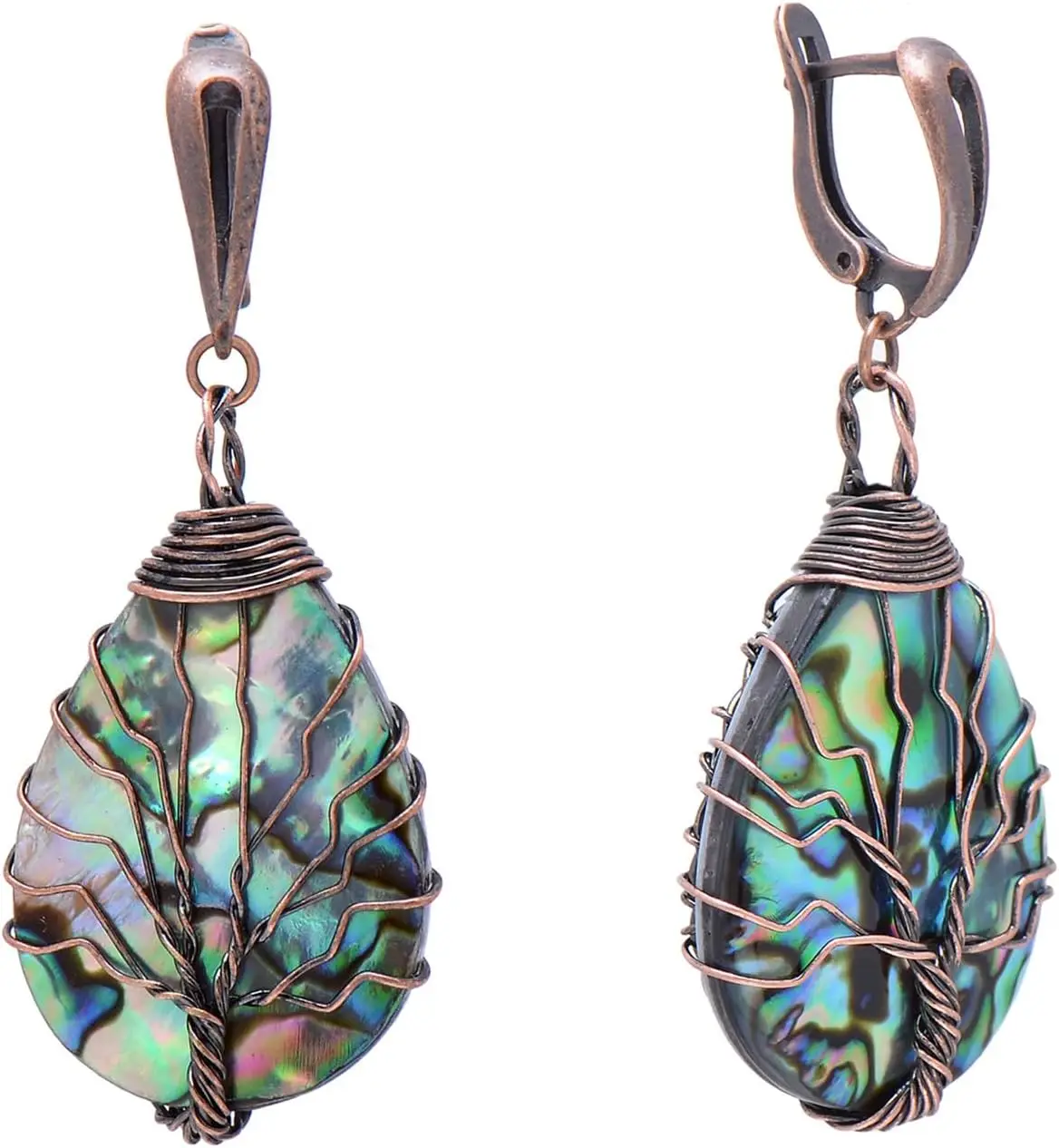 

Bronze Copper Sea Abalone Shell Tree of Life Earrings with Vintage Latch Backs for Women