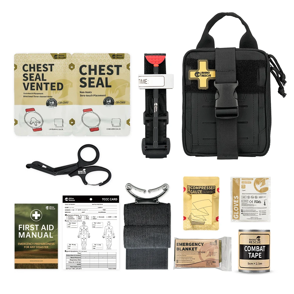 RHINO RESCUE EDC IFAK Kit de Trauma de supervivencia, bolsa táctica Molle con torniquetes de Metal, vendaje, sello de pecho para acampar, bolsa de senderismo