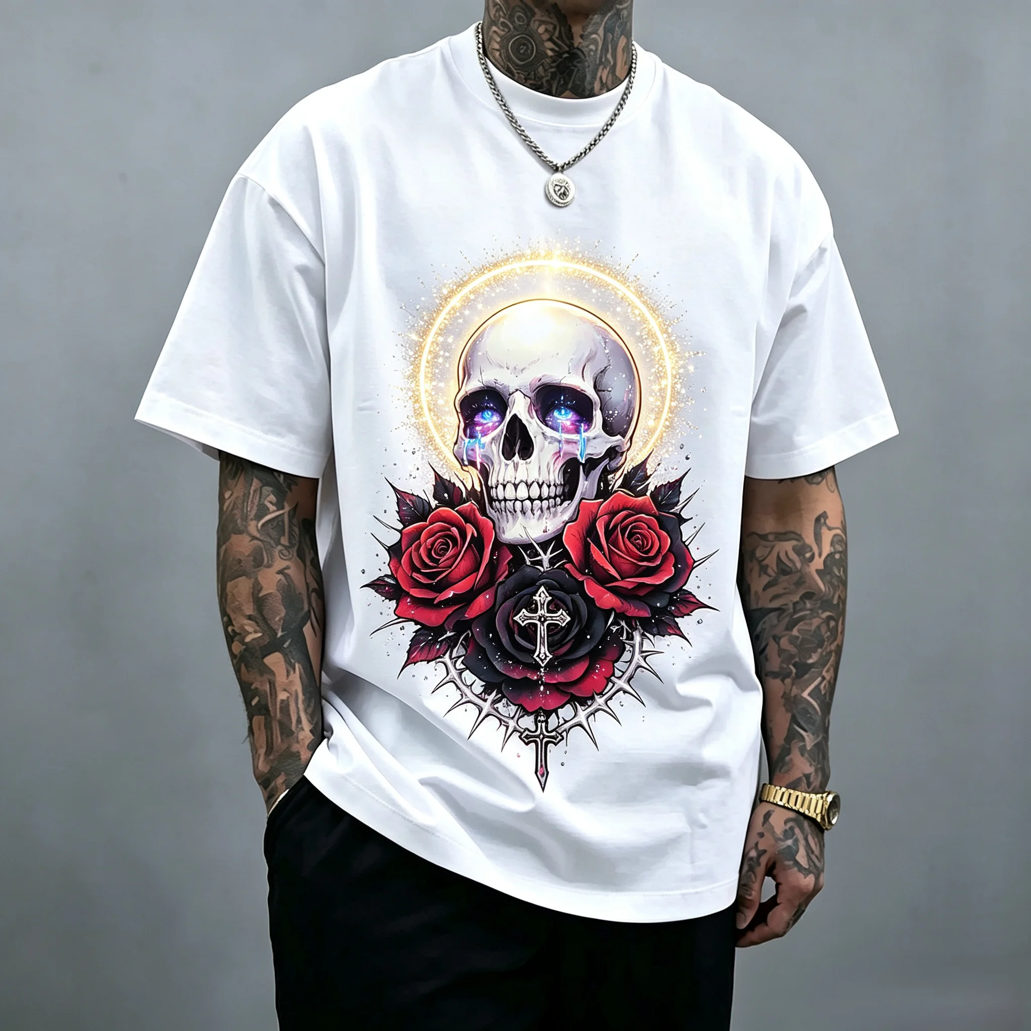 Unisex Halo Crying Skull Rose Cross T-Shirt Gothic Dark Tattoo Graphic Tee Retro Thorn Flower Oversized White Streetwear Short Sleeve For Men Women