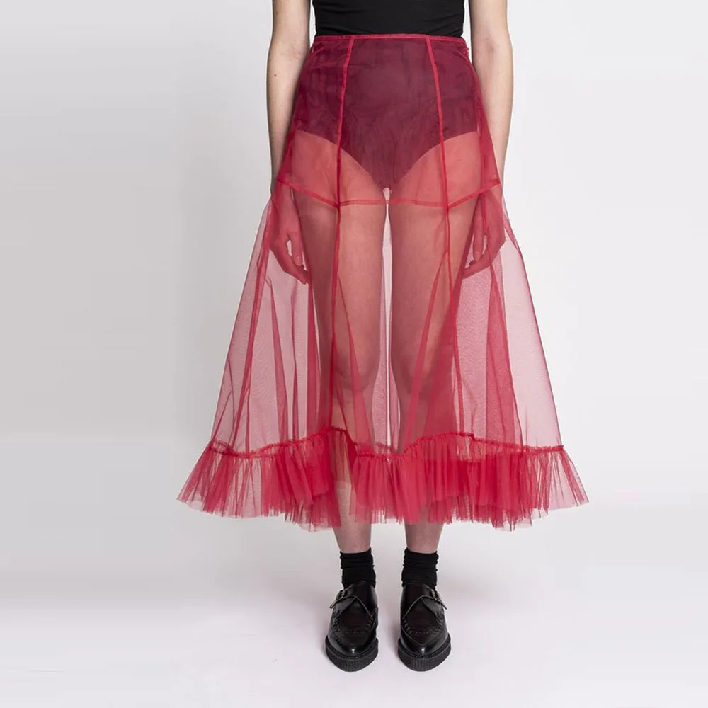 Unique Designed Red Illusion Mid Calf Women Skirts With Bright line Decoration Ruffles Trimmed Tutu Tulle Maxi Skirt