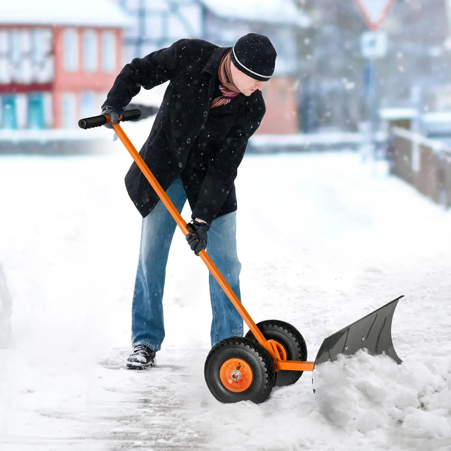 Snow Shovel with Wheels, Snow Pusher, Cushioned Adjustable Angle Handle Removal Tool