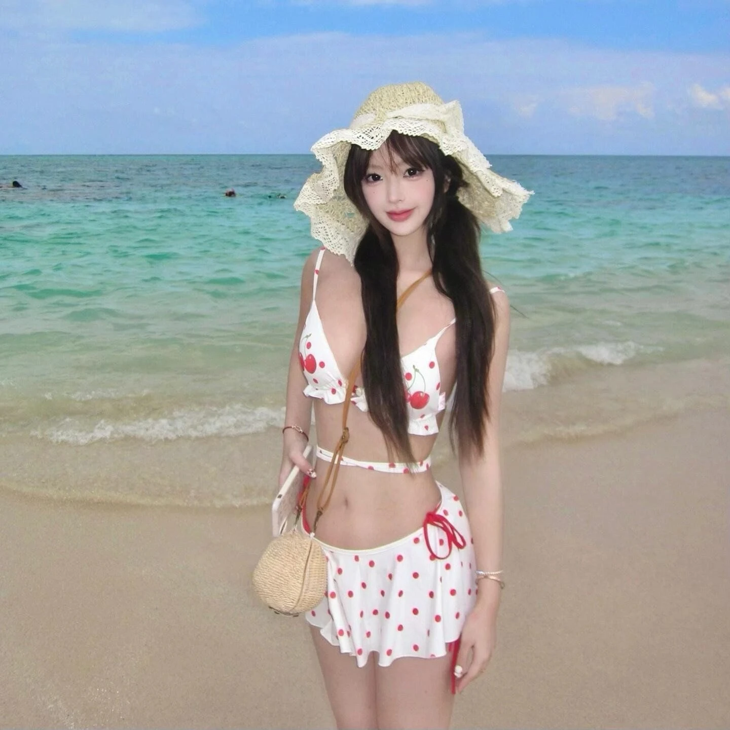 

Cherry Japanese-style Cute Girl Sweet Girl Sexy Hot Girl Pure Desire Beach Vacation Gathering Three-piece Skirt-style Bikini Set