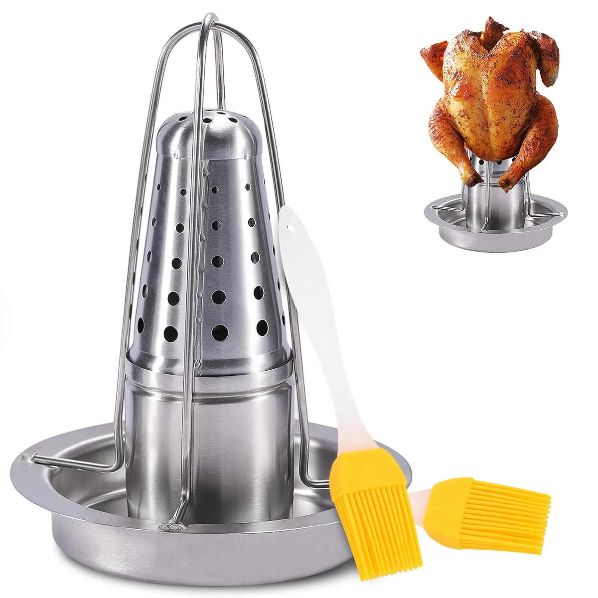 Beer Can Chicken Holder with Brush for Grill and Smoker, Premium Grade Stainless Steel Chicken Holder, Poultry Roasters