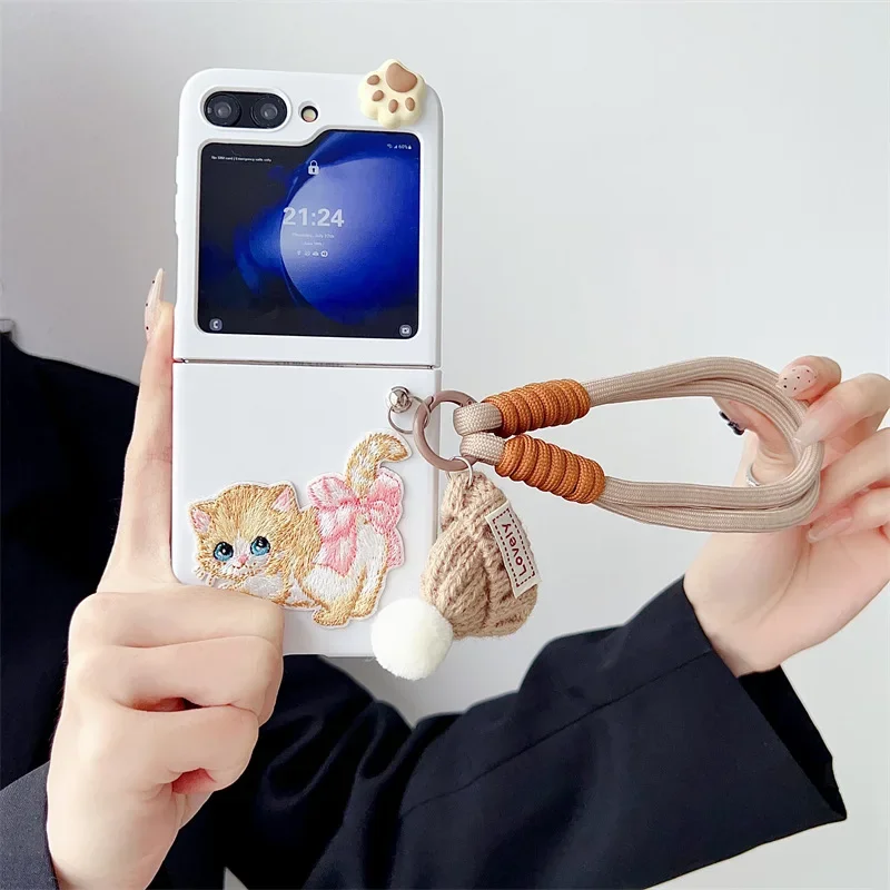 귀여운 고양이 자수 휴대폰 케이스, 삼성 갤럭시 ZFlip3 ZFlip4 ZFlip5 ZFlip6 하드 PC 후면 커버, Z 플립 6 케이스 쉘
