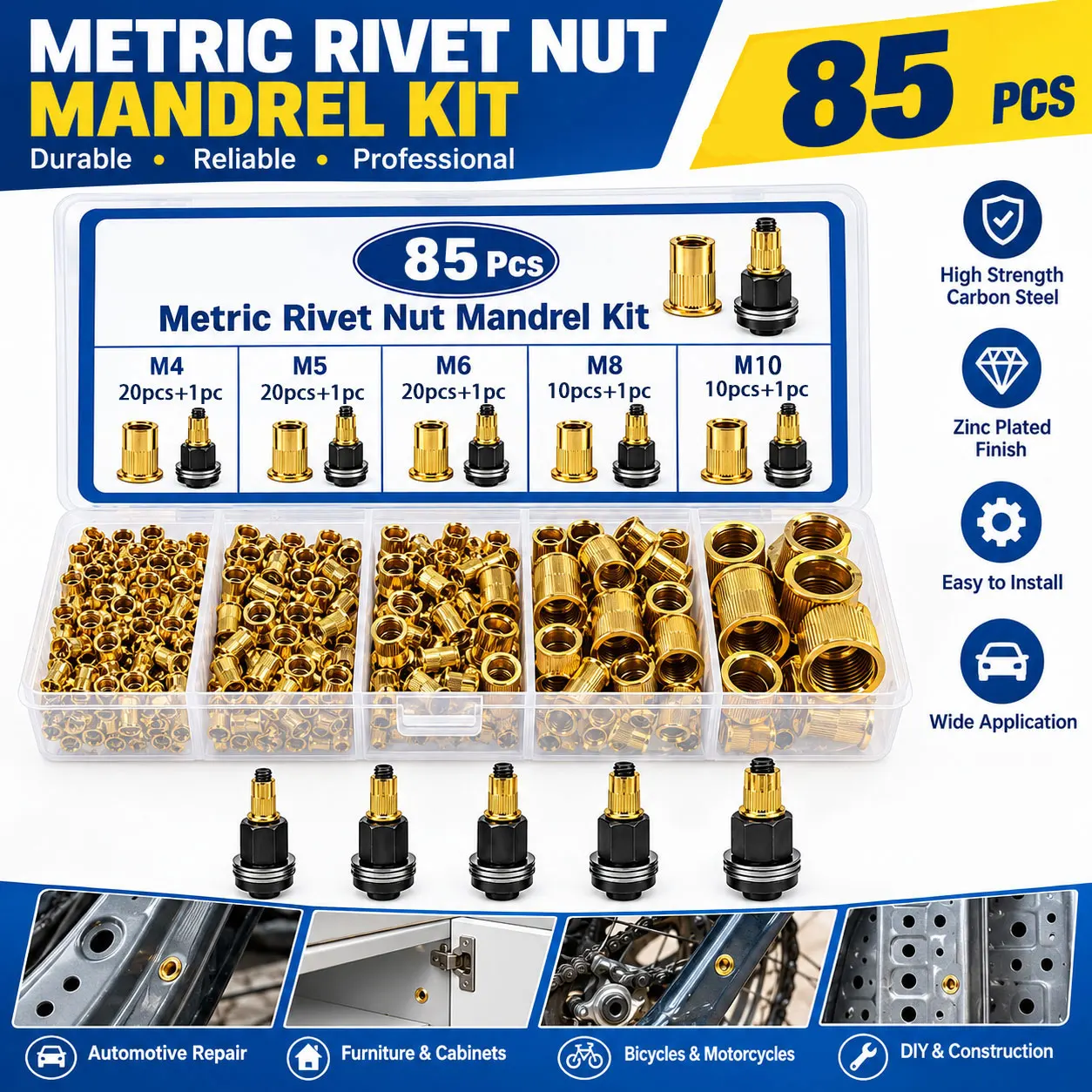 85pcs Carbon Steel Rivet Nut Tool Set M3-M12/M3-M10/M4-M10 Flat Head Rivet Nuts, Manual Riveting Tool Set