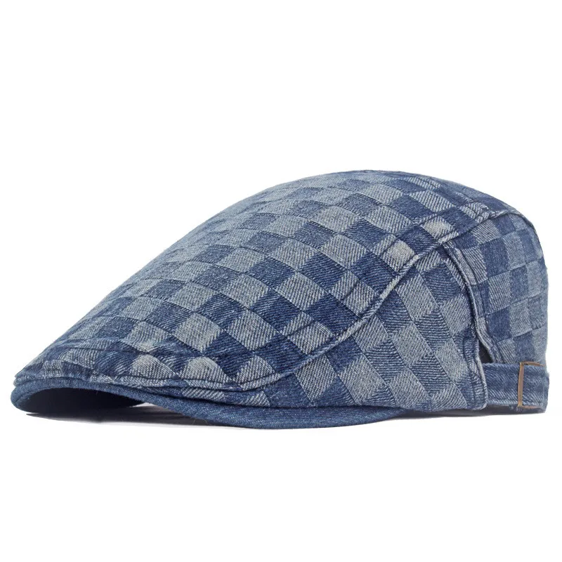 2023 Four Seasons Denim Plaid Print Newsboy Caps Flat Peaked Cap Men and Women Painter Beret Hats 150