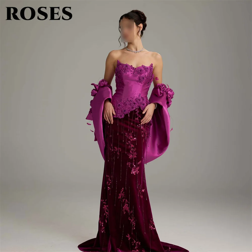 ROSES Fuchsia Evening Gown 3D Floral Applique Prom Dress with Sequin Wedding Gown Mermaid Sweep Train robes de soirée Customized
