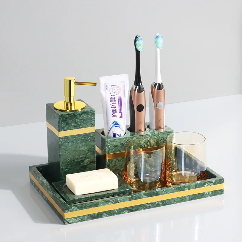 Indian Green Natural Marble Bathroom Accessories Luxury Gold Soap Dispenser Soap Dish Toothbrush Holder Bathroom Set