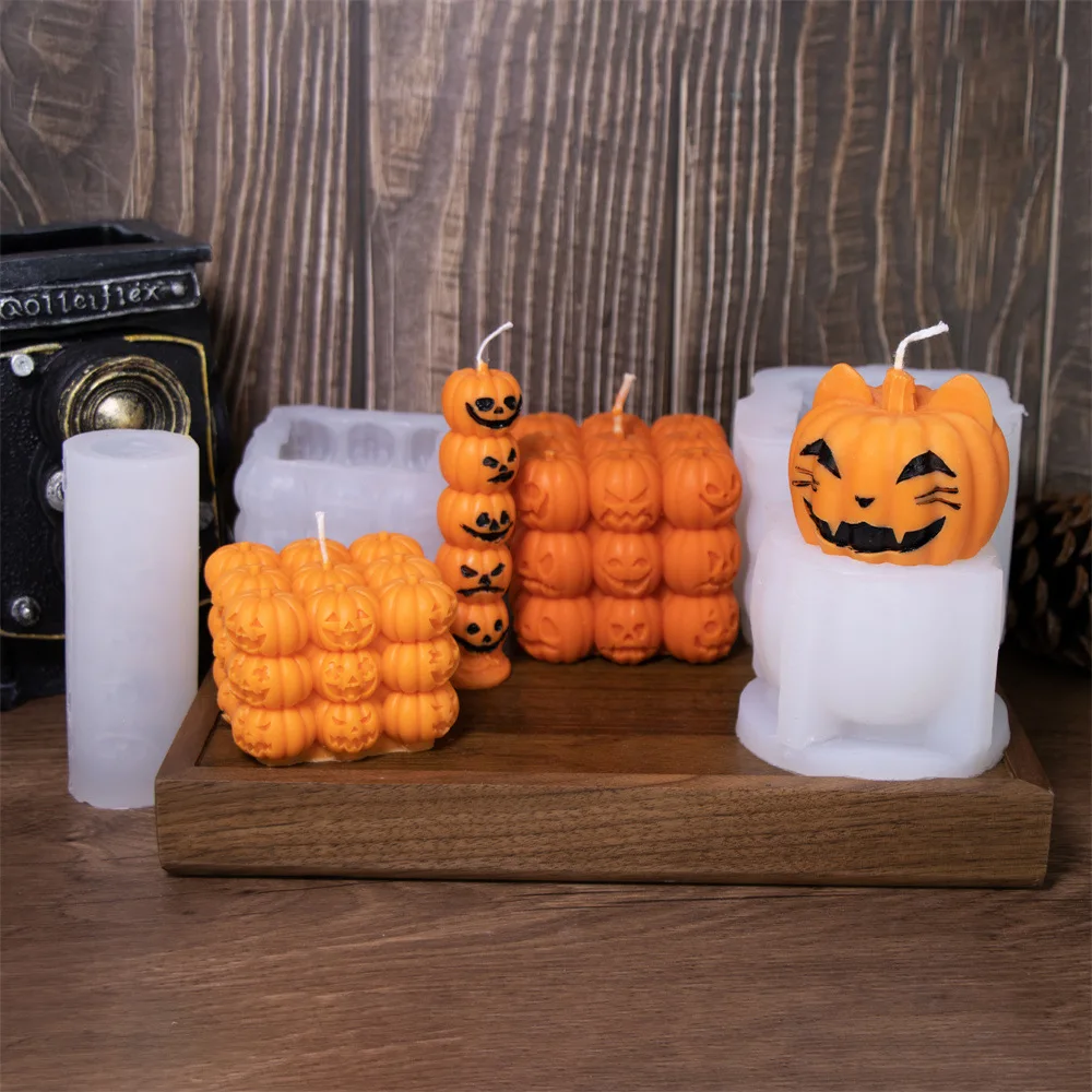 

Halloween Stacking Pumpkin Candle Silicone Molds Cube Aromatherapy Plaster Ghost Silicone Plaster Decoration Candle Making Kit