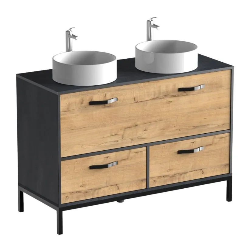 Bathroom cabinet with double basin Sena Color Oak Gold and marble black main toilet large 120x50x92 cm