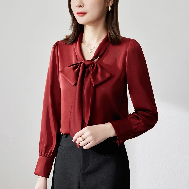 

Vintage Women's Blouses Solid Color Shirts Fashion Loose Summer Bow Korean Clothing Long Sleeved Satin Casual Women Tops