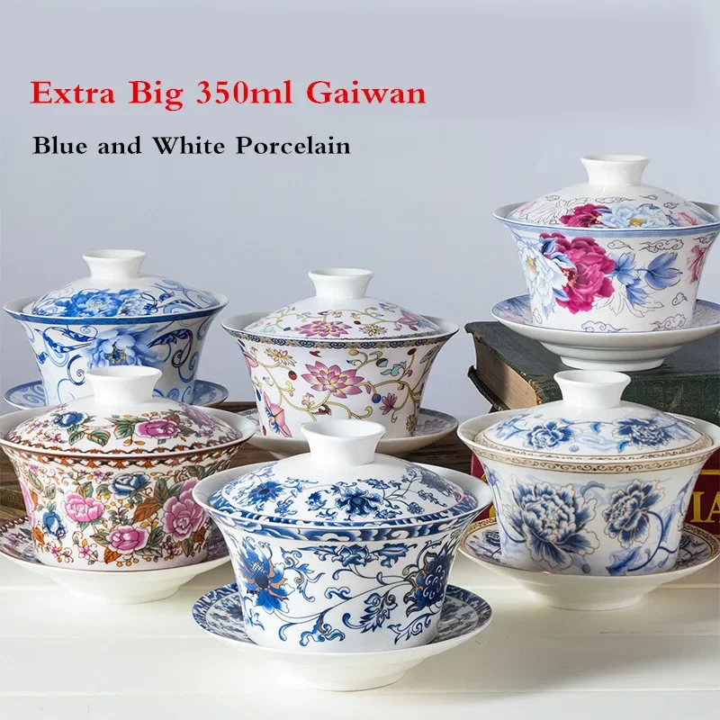 Sancai Gaiwan, Chinese Old Beijing Tea Bowl, Jingdezhen Blue and White Porcelain Tea Cup and Saucer Set, Tureen, 350ml Extra Big