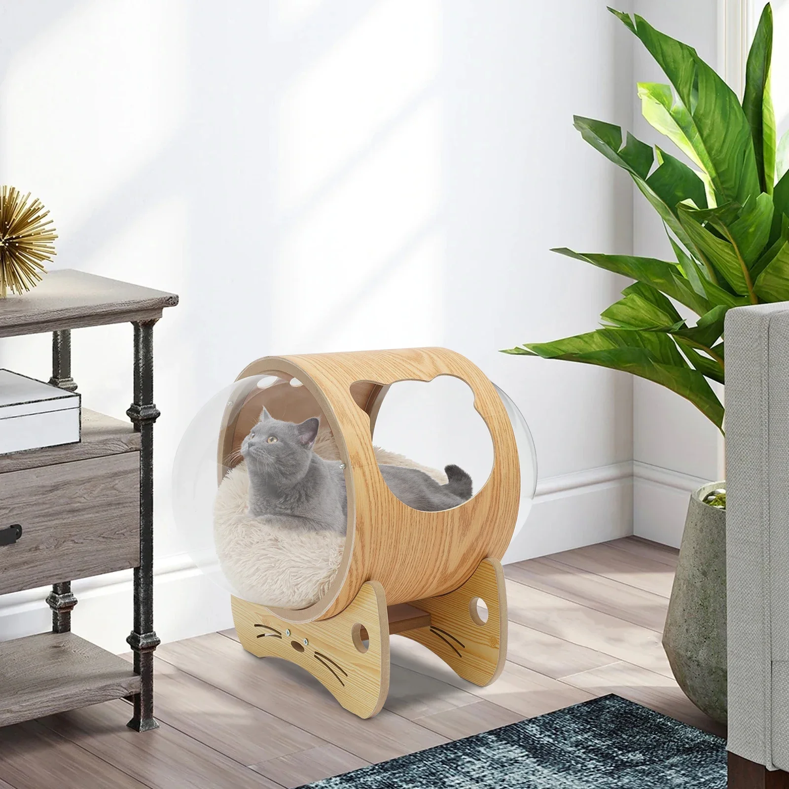 

Прозрачная капсульная кровать для кошек на 17 фунтов — Veneer Craft + гладкая поверхность, съемная подушка + легко чистится, большое отверстие 7,9 дюйма, стоящее на полу