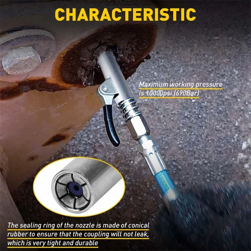 10000PSI Grease Gun Coupler Oil Pump Quick Release Grease Nozzle Injector Lubricating Oil Grease Gun Car Auto Repair Tool