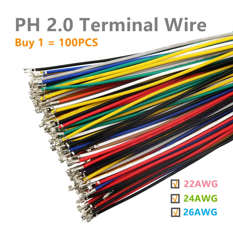 100PCS PH2.0 Spacing2.0MM Connector Terminal Wire Electronic Wire Single/Double Head without housing 26AWG 24AWG 22AWG 10cm 15cm