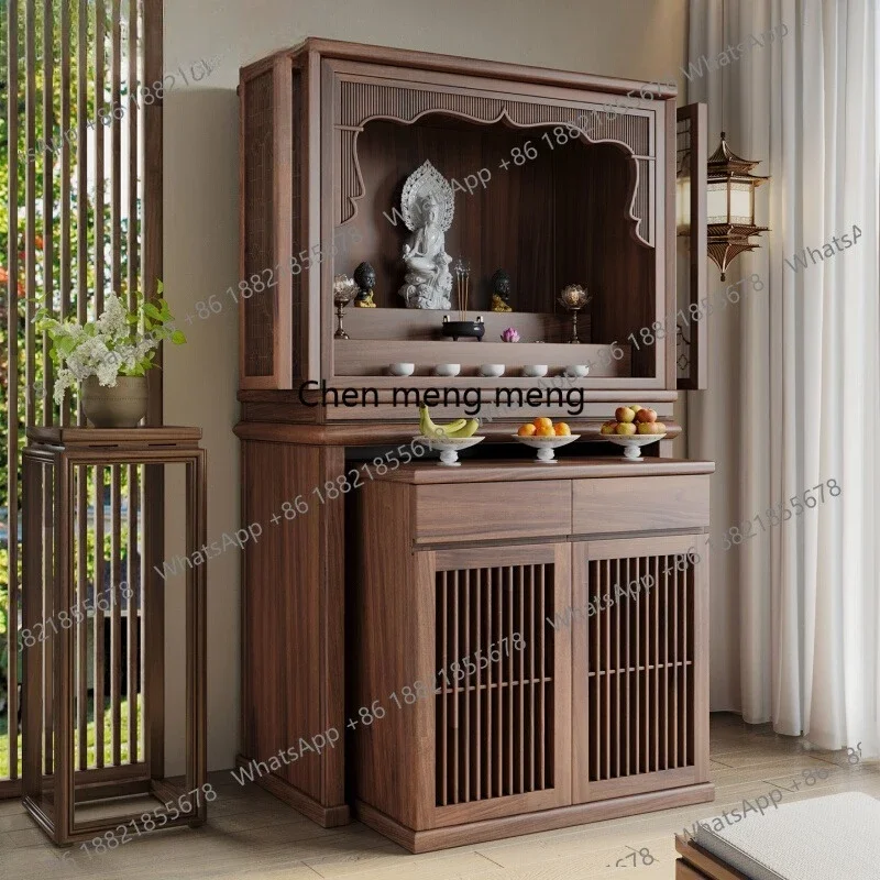 

Chinese vertical cabinet black walnut household Song-style carved Bodhisattva Guanyin God of Wealth split step shrine cabinet
