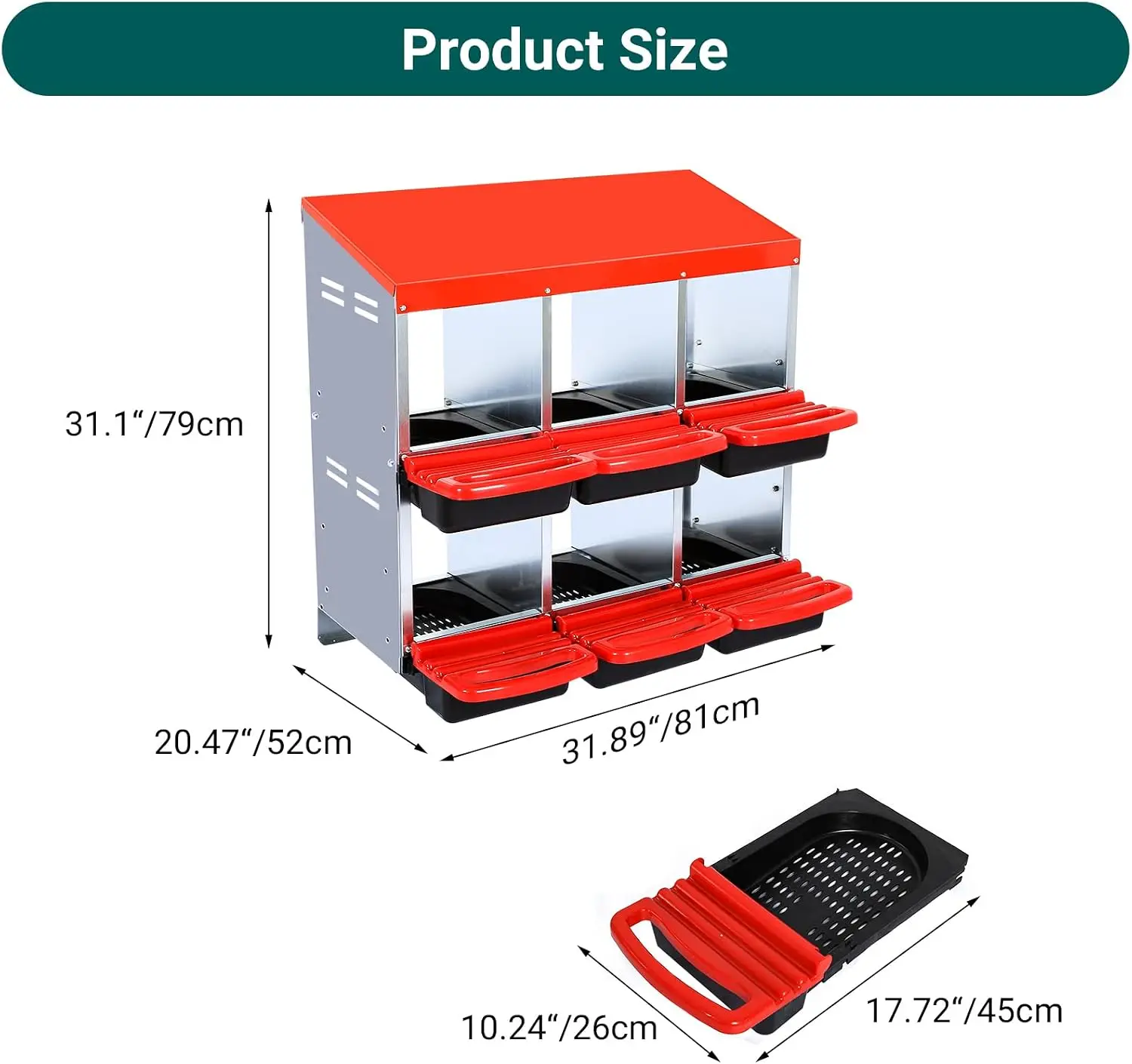6-Hole Chicken Nesting Box without Legs, Galvanized Metal Hen Nesting Box with Removable Lid, Roll-Away Egg Collection System & Ventilation Holes, Easy Egg Collection & Installation