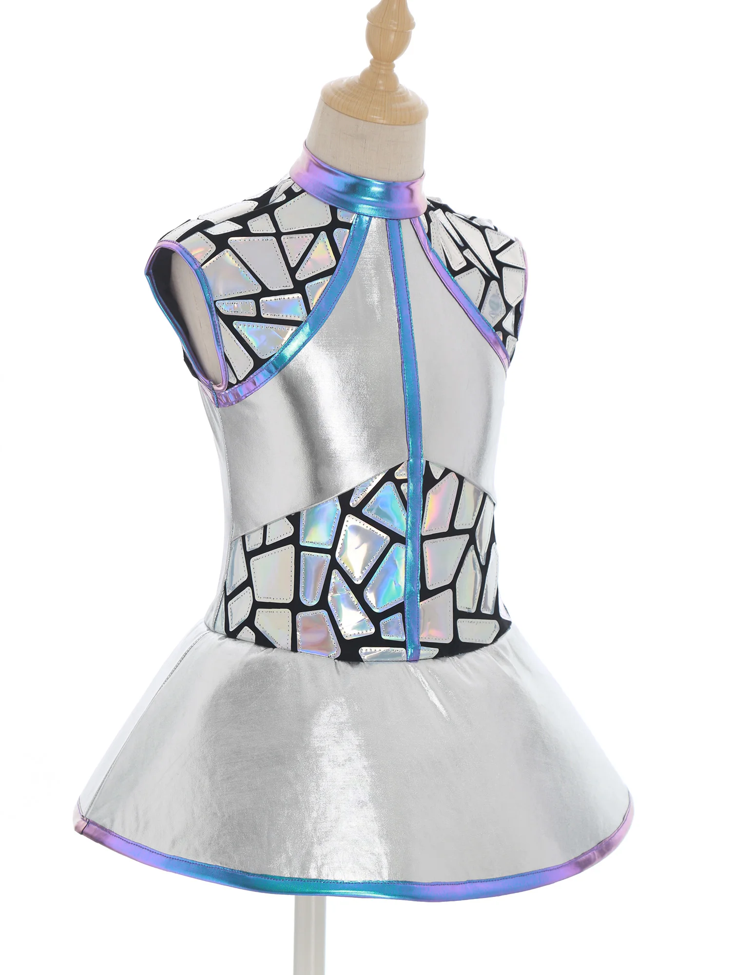 Kids Girls Alien Robot Costume Outerspace Stage Performance Roleplay Costume Shiny Metallic Children Stage Performance Dancewear