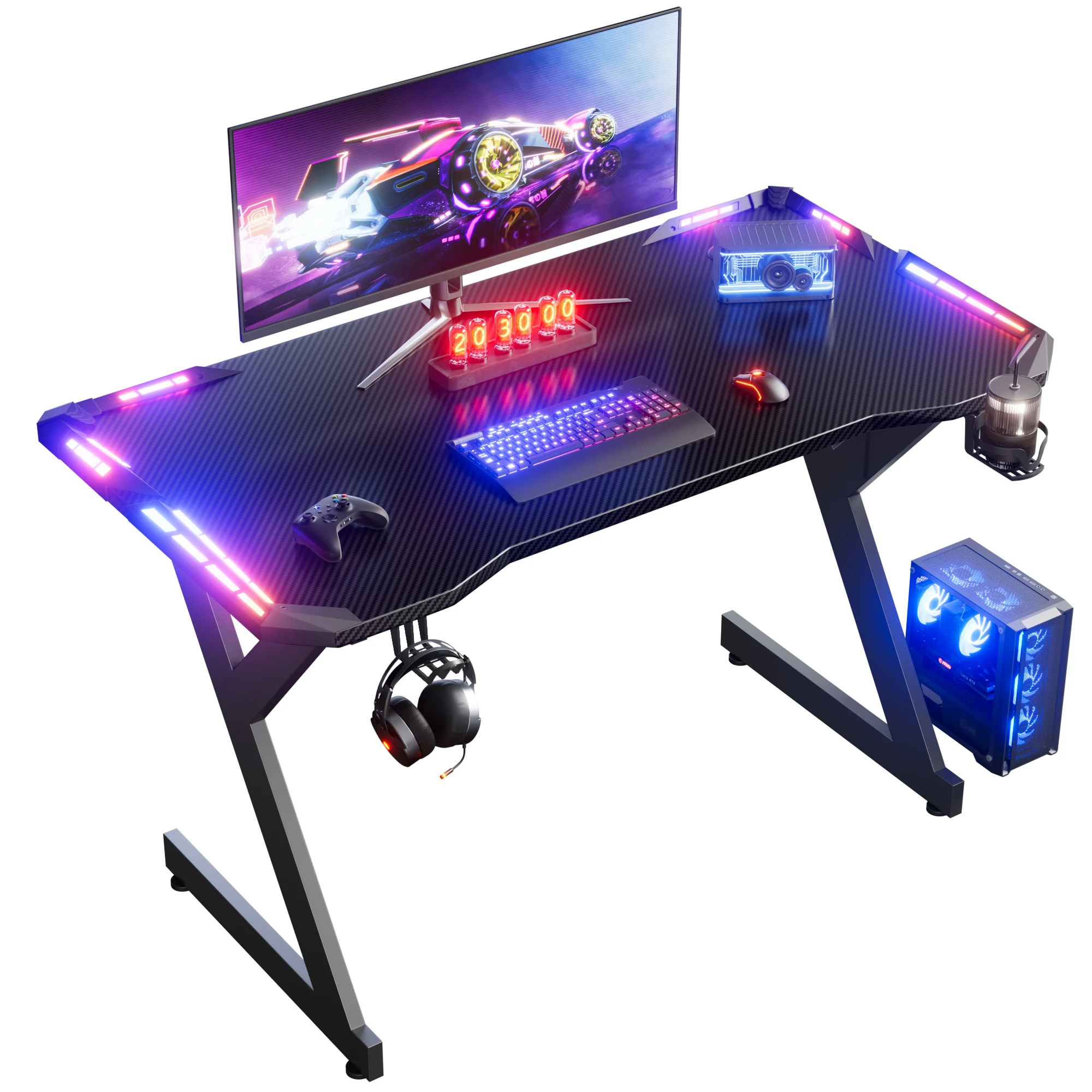 Y‑Shaped Gaming Desk with RGB LED Lights, Ergonomic Carbon‑Fiber Surface PC Workstation Table with Headphone Hook & Cup Holder