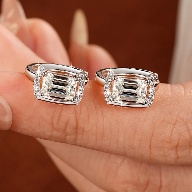 Rrjzz Huggie-Ohrringe mit Smaragdschliff, 5 x 7 mm, D-Farbe, Moissanit, für Damen, Laborimitation, Diamant-Creolen, Geburtstagsschmuck, Geschenke – Detail 9