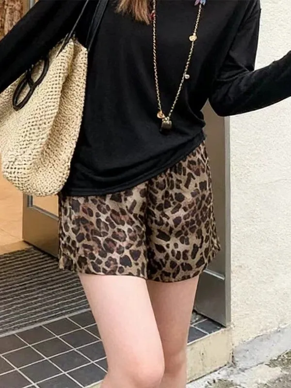 Ice Silk Leopard Print Wide Leg Shorts Women's Summer Thin Large Size Loose Slimming Small Size A-Line Hot Pants Casual Style