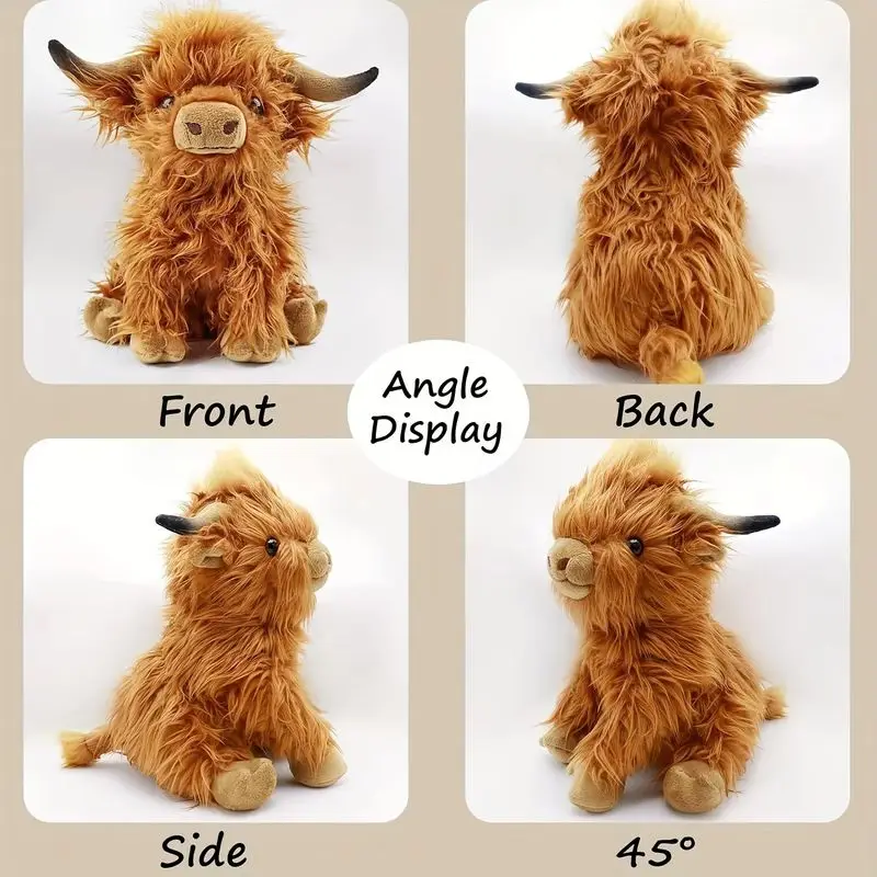 30cm Simulation Kyloe Cream Highland Cow Animal Plush Doll Soft Stuffed Highland Cow Cattlle Plushie Gift for Kids Boys Girls