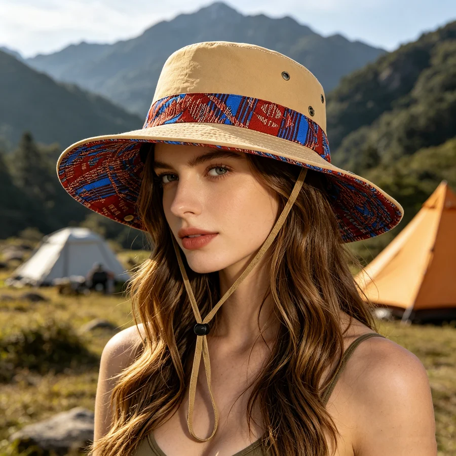 Ethnic Style Wide-Brimmed Sun Protection Fisherman's Hat, Unisex Outdoor Hiking and Camping Sun Hat, Foldable and Breathable, with Windproof Rope Design, Suitable for Hiking and Trekking