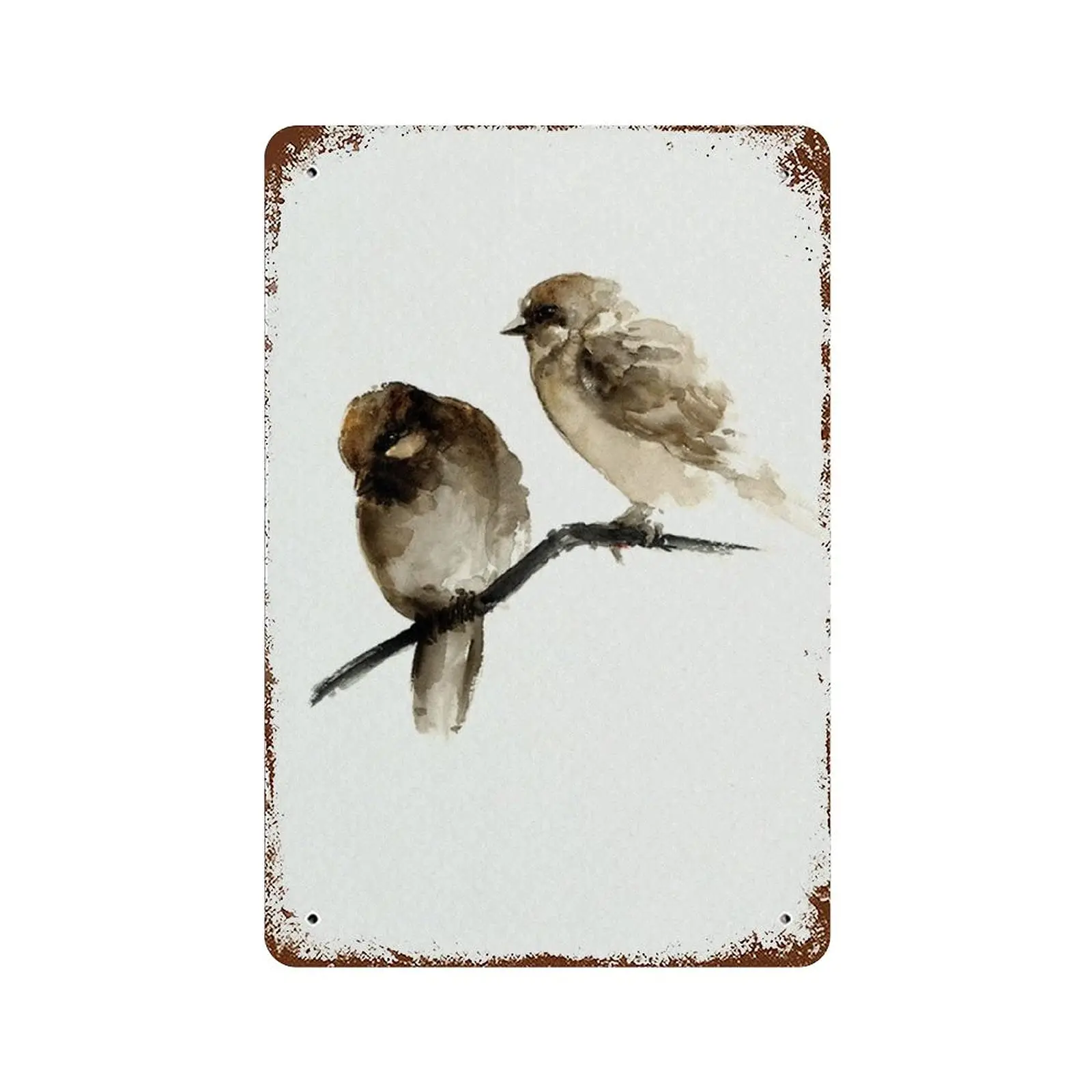 Pintura en estaño 2D: Letrero metálico vintage de Gorman con diseño de pájaros en acuarela, letrero de aluminio, decoración natural de gorrión marrón.